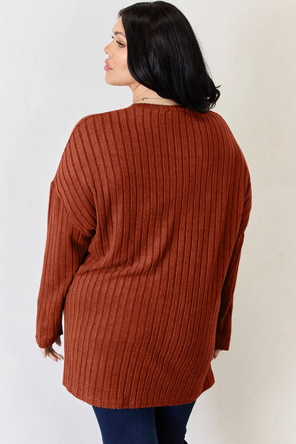 Basic Bae Full Size Ribbed Half Button Long Sleeve High-Low T-Shirt New Era Fashion LLc
