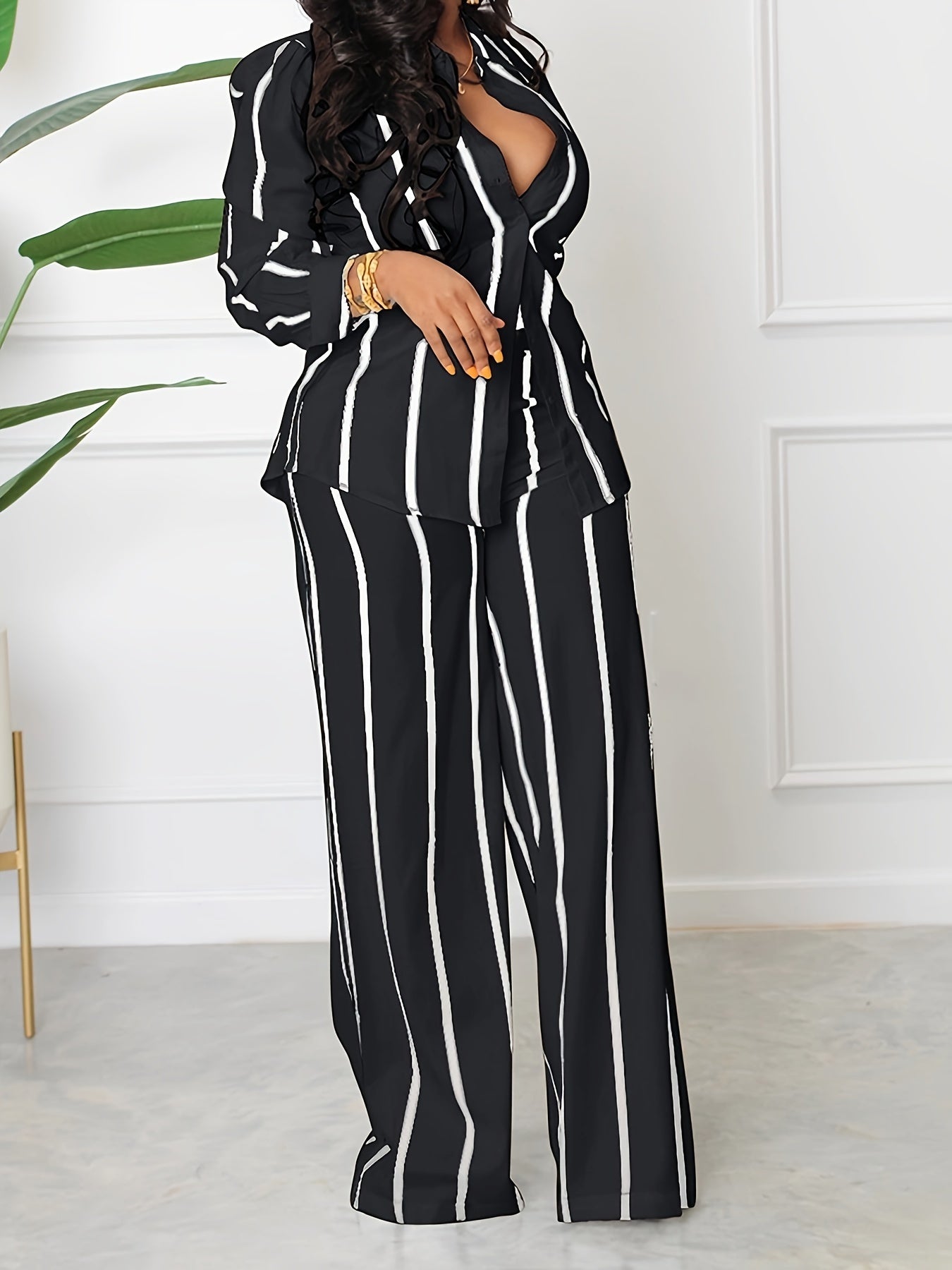 Women's Striped Print Two-piece Set - Button Front Collar Long Sleeve Shirt & High Waist Wide Leg Loose Pants Set - Casual Style - For Women - Perfect for Everyday Wear & Loungewear - Great Gift for Fashionable Women NovaCart
