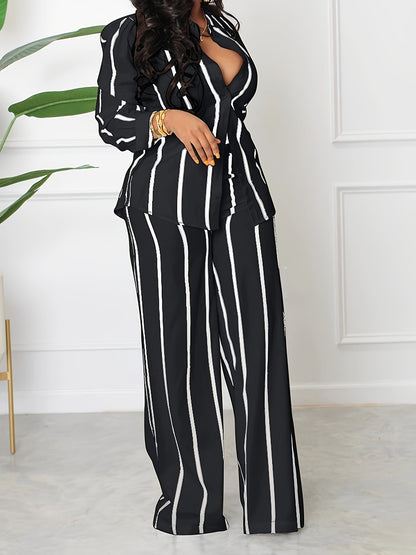 Women's Striped Print Two-piece Set - Button Front Collar Long Sleeve Shirt & High Waist Wide Leg Loose Pants Set - Casual Style - For Women - Perfect for Everyday Wear & Loungewear - Great Gift for Fashionable Women NovaCart