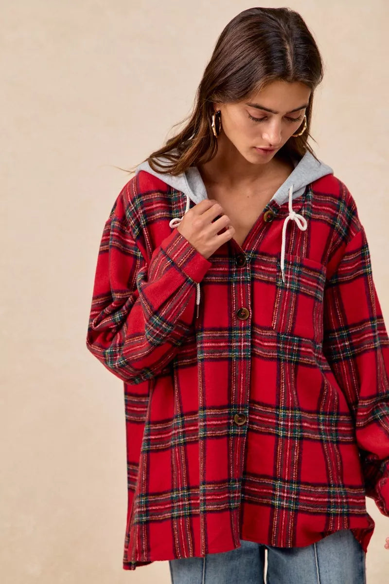 BiBi Brushed Plaid Hooded Jacket FitiqueFit
