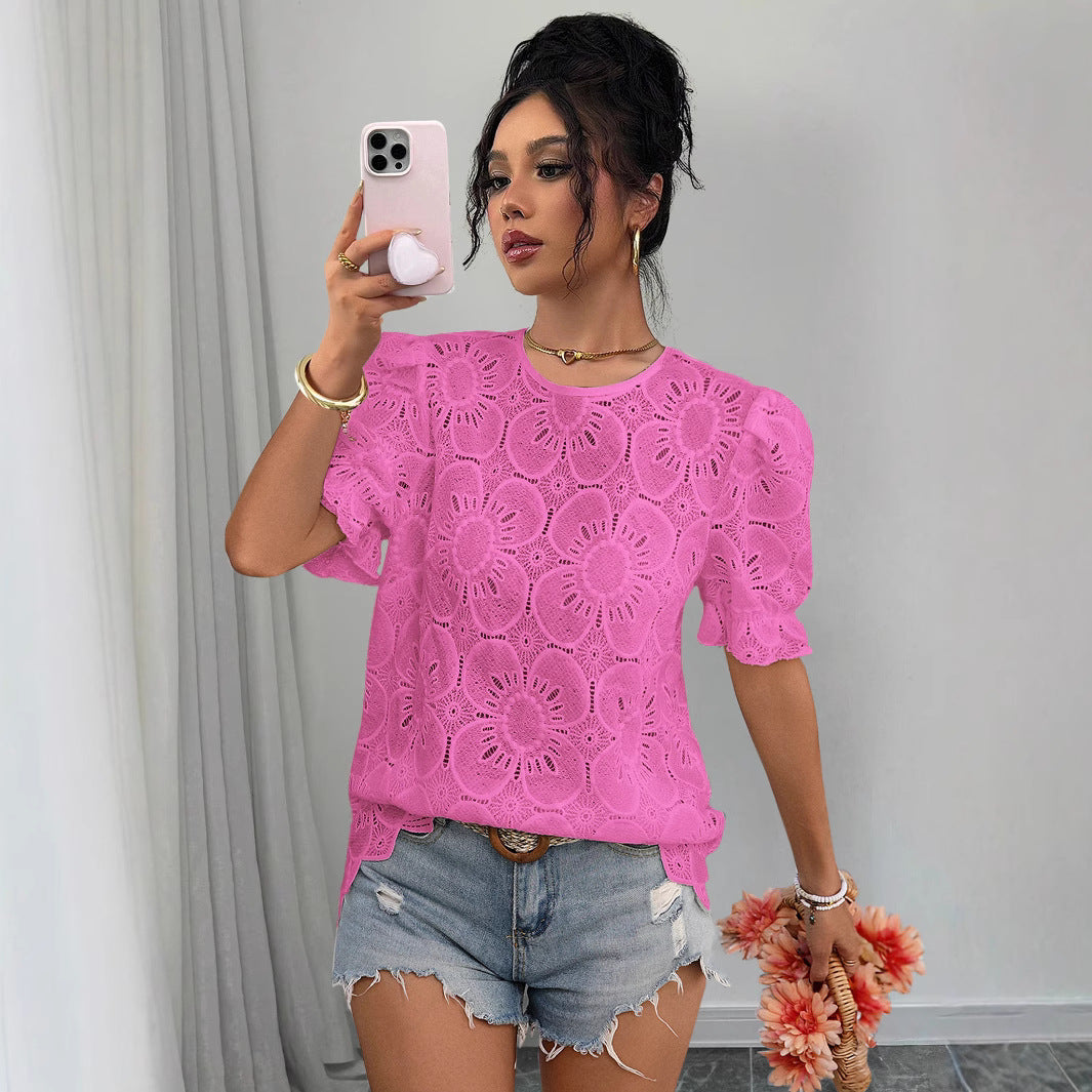 Women's Hollow-Out Lace Puff-Sleeve Shirt Top – Loose Fit FitiqueFit