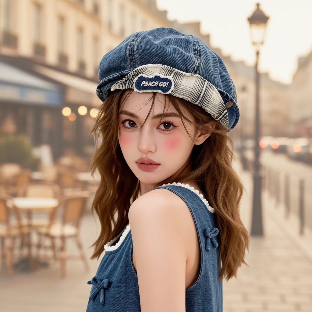 Double-Brim Turned-Up Denim Beret – Breathable Cotton Hat for Women FitiqueFit