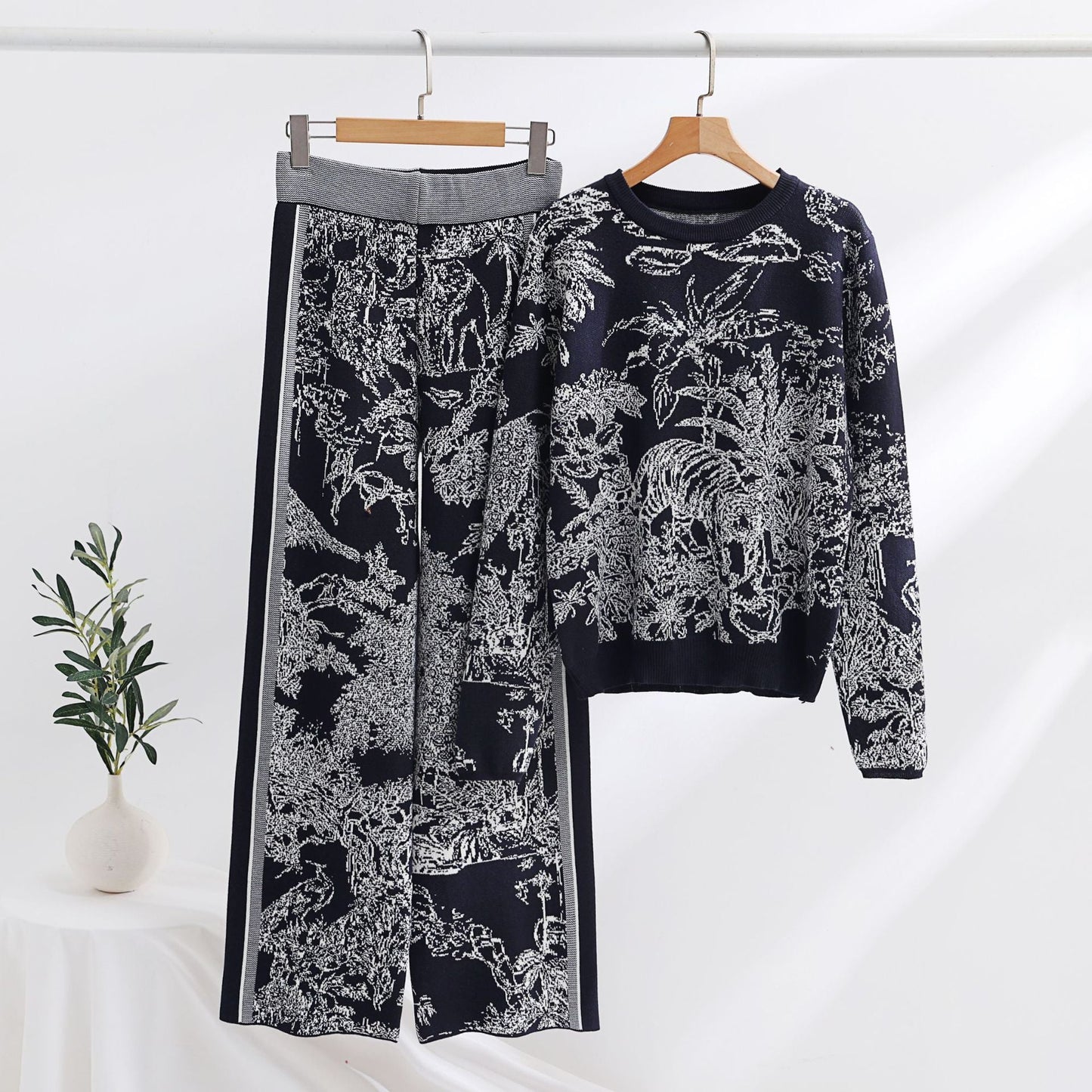 Knitting Patterns Two-piece Set Pullover Long Sleeve Sweater High Waist Wide Leg Top Suit Grayceful LLC