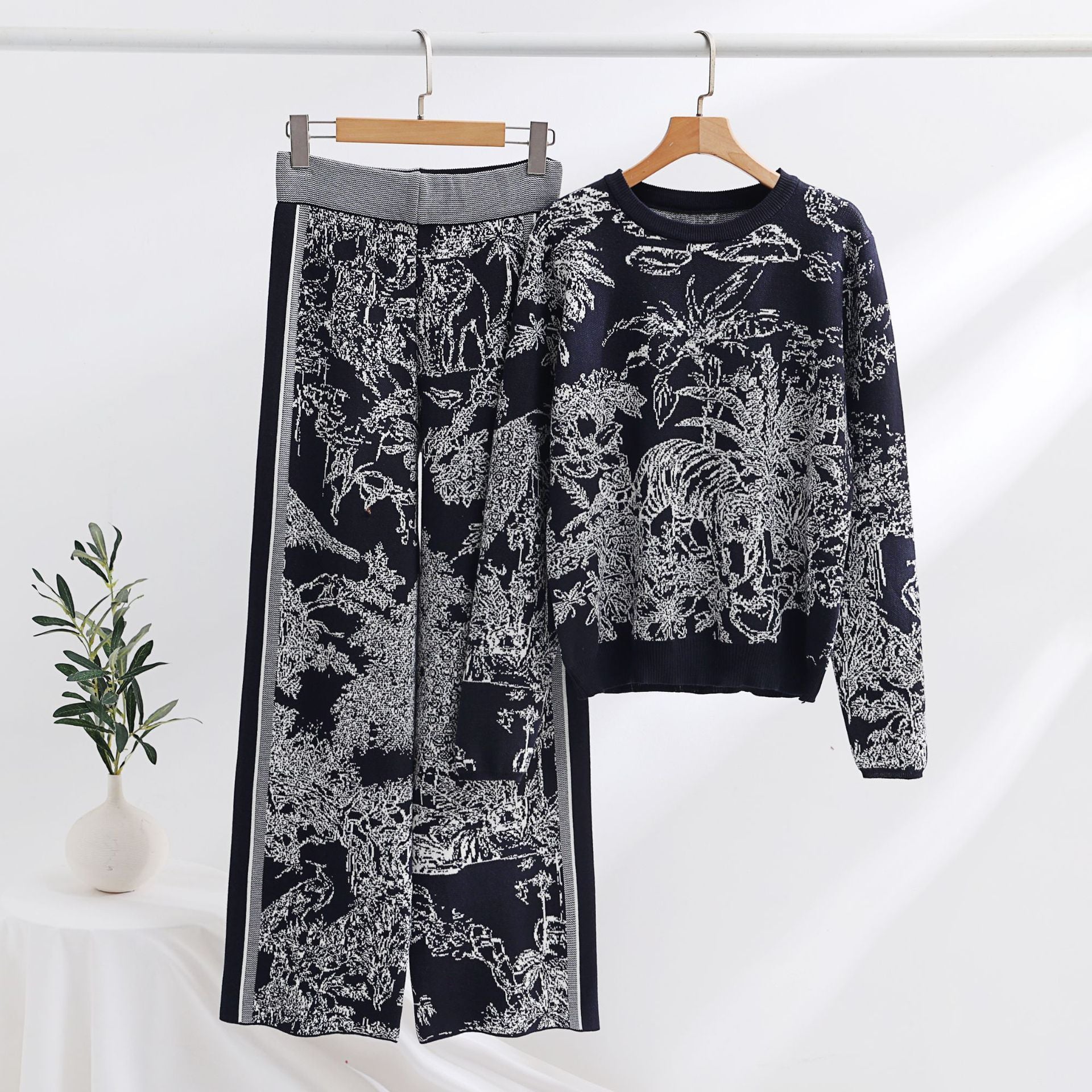 Knitting Patterns Two-piece Set Pullover Long Sleeve Sweater High Waist Wide Leg Top Suit Grayceful LLC