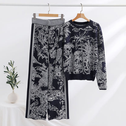 Knitting Patterns Two-piece Set Pullover Long Sleeve Sweater High Waist Wide Leg Top Suit Grayceful LLC