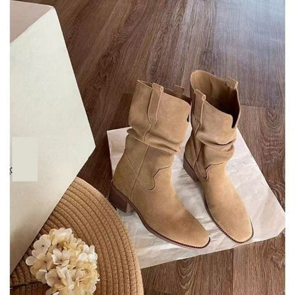 Autumn Western Pleated Short Cowhide Leather Boots for Women FitiqueFit