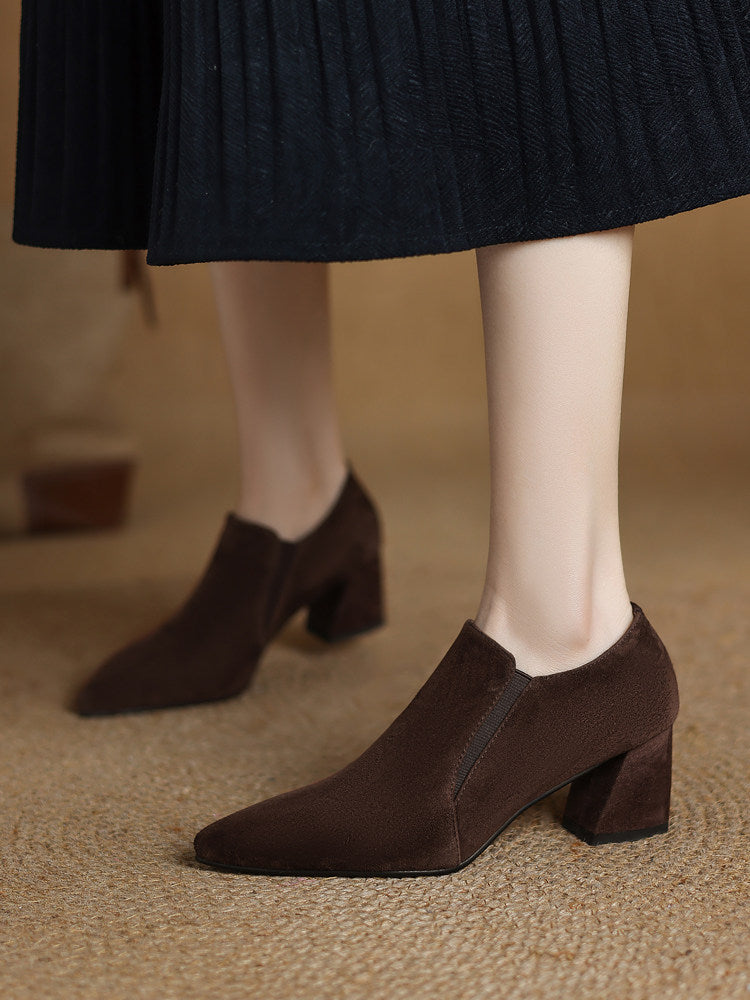 Women's Suede Pointed Toe Chunky Heel Pumps – Deep Vamp Low Heel FitiqueFit