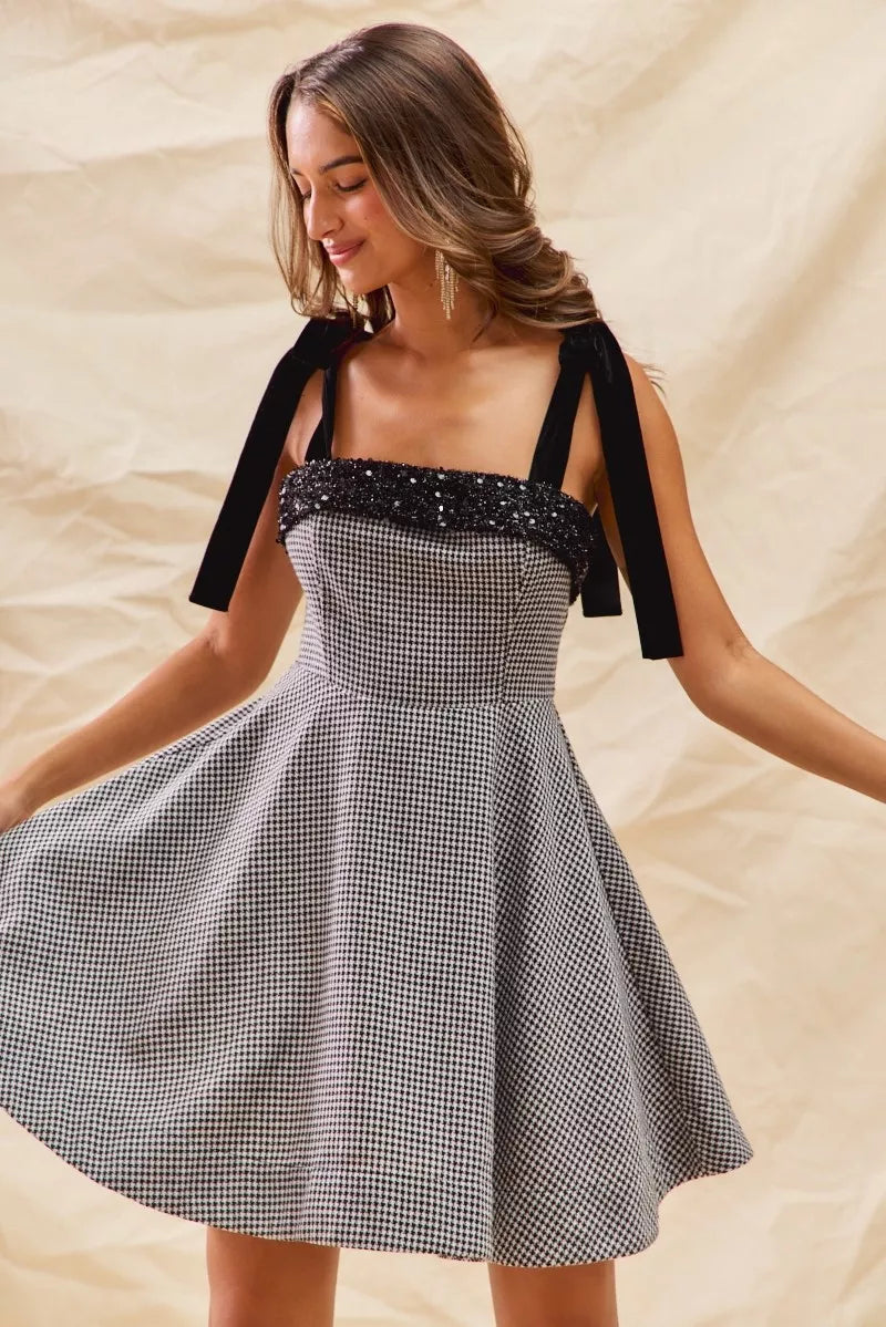 SO ME Houndstooth Fit Flare Mini Dress with Shoulder Tie West2East Surf