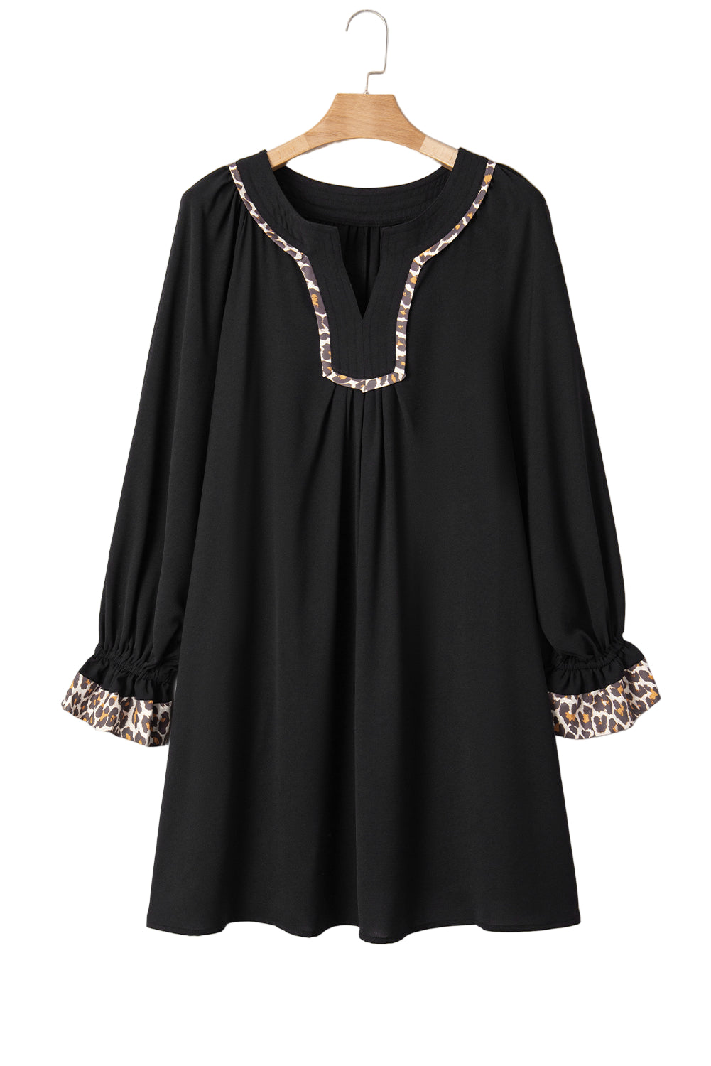 Black Plus Size Notched Neck Leopard Trim Flounce Long Sleeve Shift Dress Garden Naked Curves