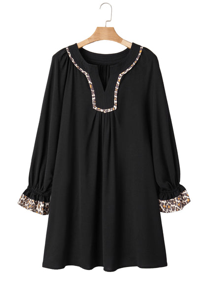 Black Plus Size Notched Neck Leopard Trim Flounce Long Sleeve Shift Dress Garden Naked Curves