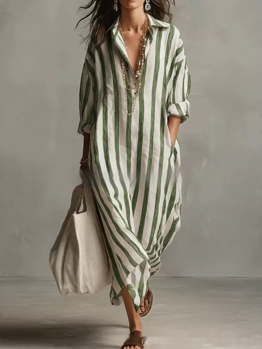 Striped Lapel Collar Dress – Side Slits & Pockets FitiqueFit