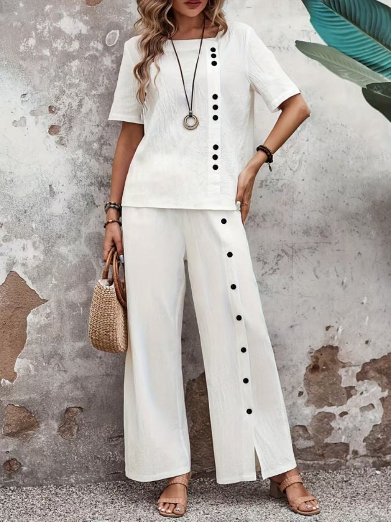 Women’s Button-Up Top and Loose Fit Two Piece Linen Set FitiqueFit