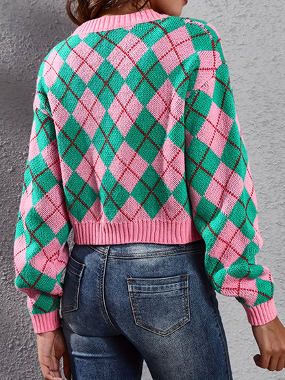 Women'S Elegant Tartan Knit Cardigan, V-Neck Short Length Sweater with Button Detail, Acrylic 100% Long Sleeve Knitwear for Fall/Winter NovaCart