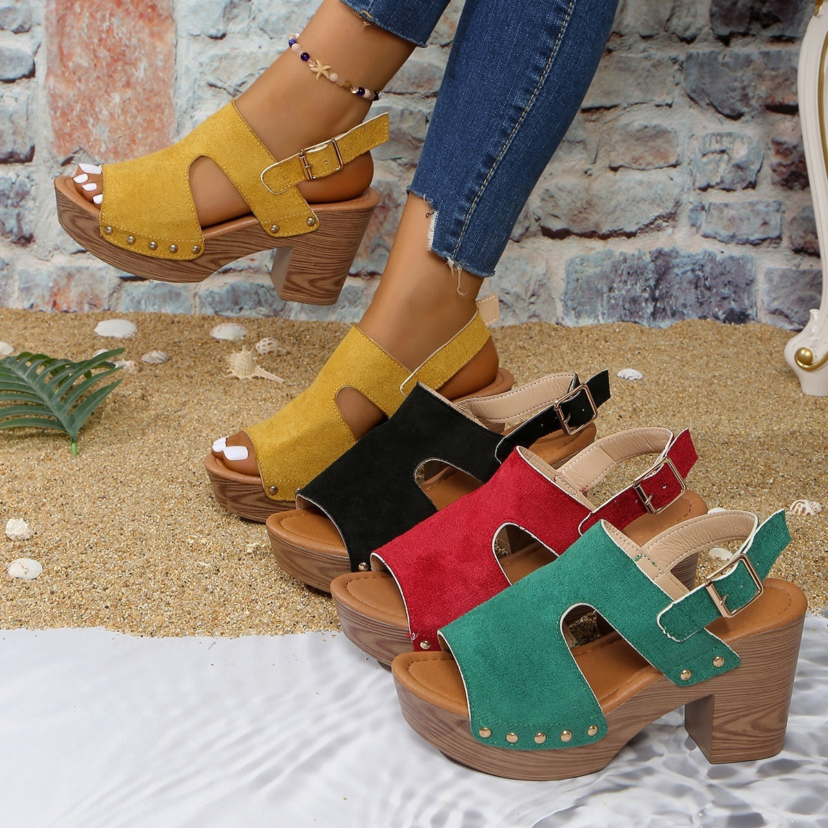 Women's Peep-Toe Chunky Heel Buckle Sandals FitiqueFit