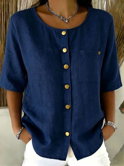 Crew-Neck 3/4 Sleeve Shirt with Metal Buttons – 7 Colors, S–3XL FitiqueFit