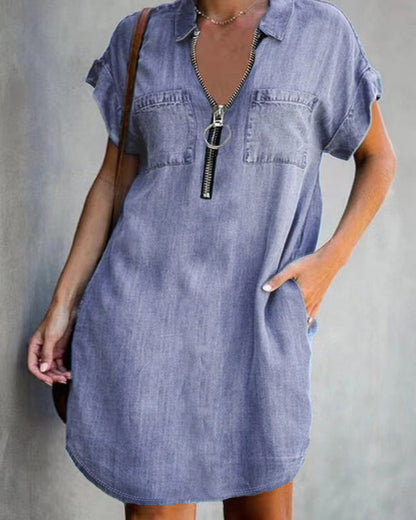 European And American Lapel Short Sleeve Loose Dress Denim Shirt Grayceful LLC