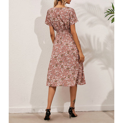 Boho V Neck Floral Print Short Sleeve Mini Dress Cute Smocked Waist Short Dress Grayceful LLC