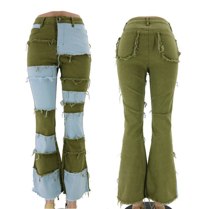 Patchwork high-rise flared jeans See size chart under “more details” The Fashion Celestial