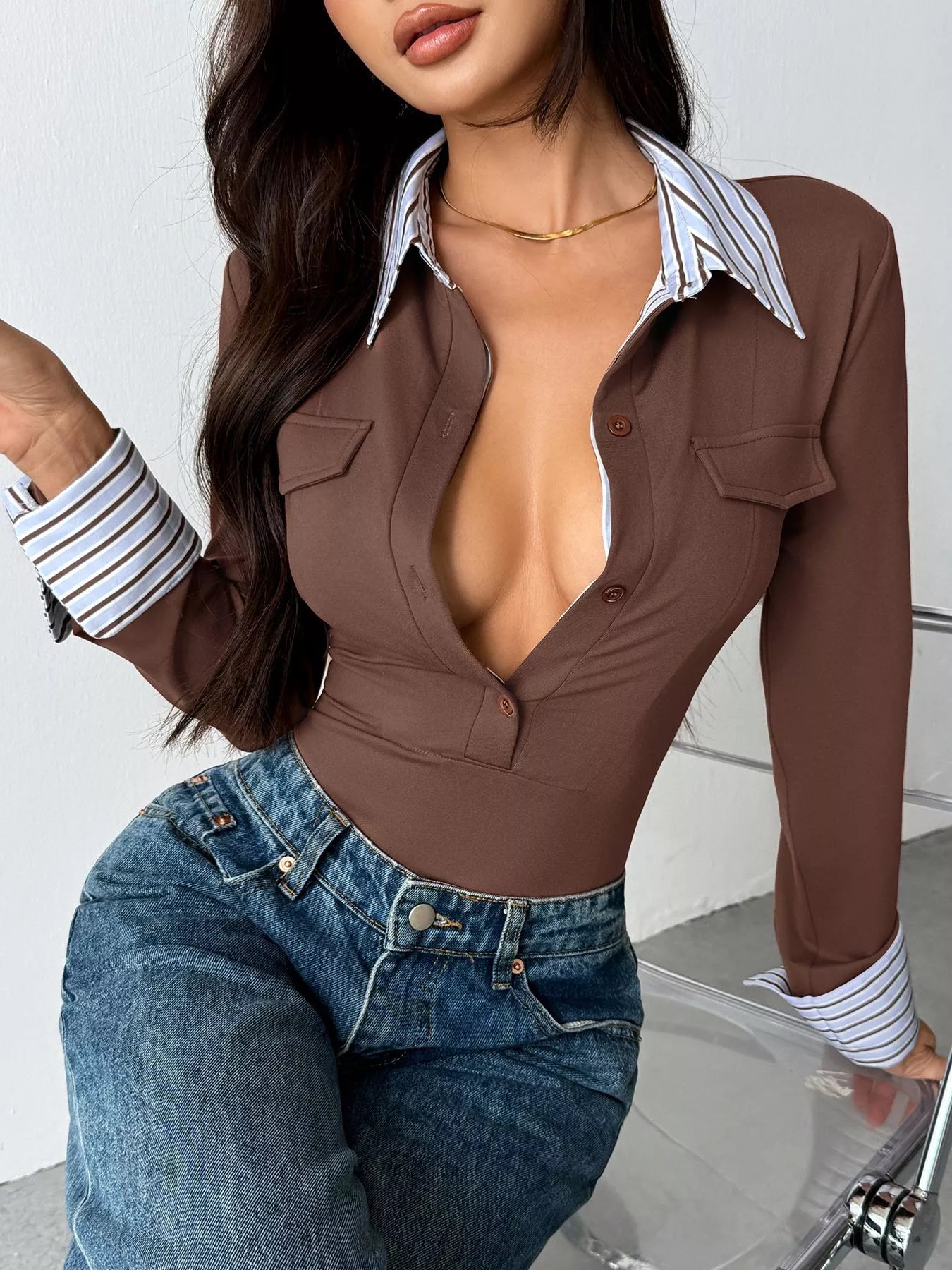 Long Sleeve Button Front Bodysuit See size chart under “more details” The Fashion Celestial
