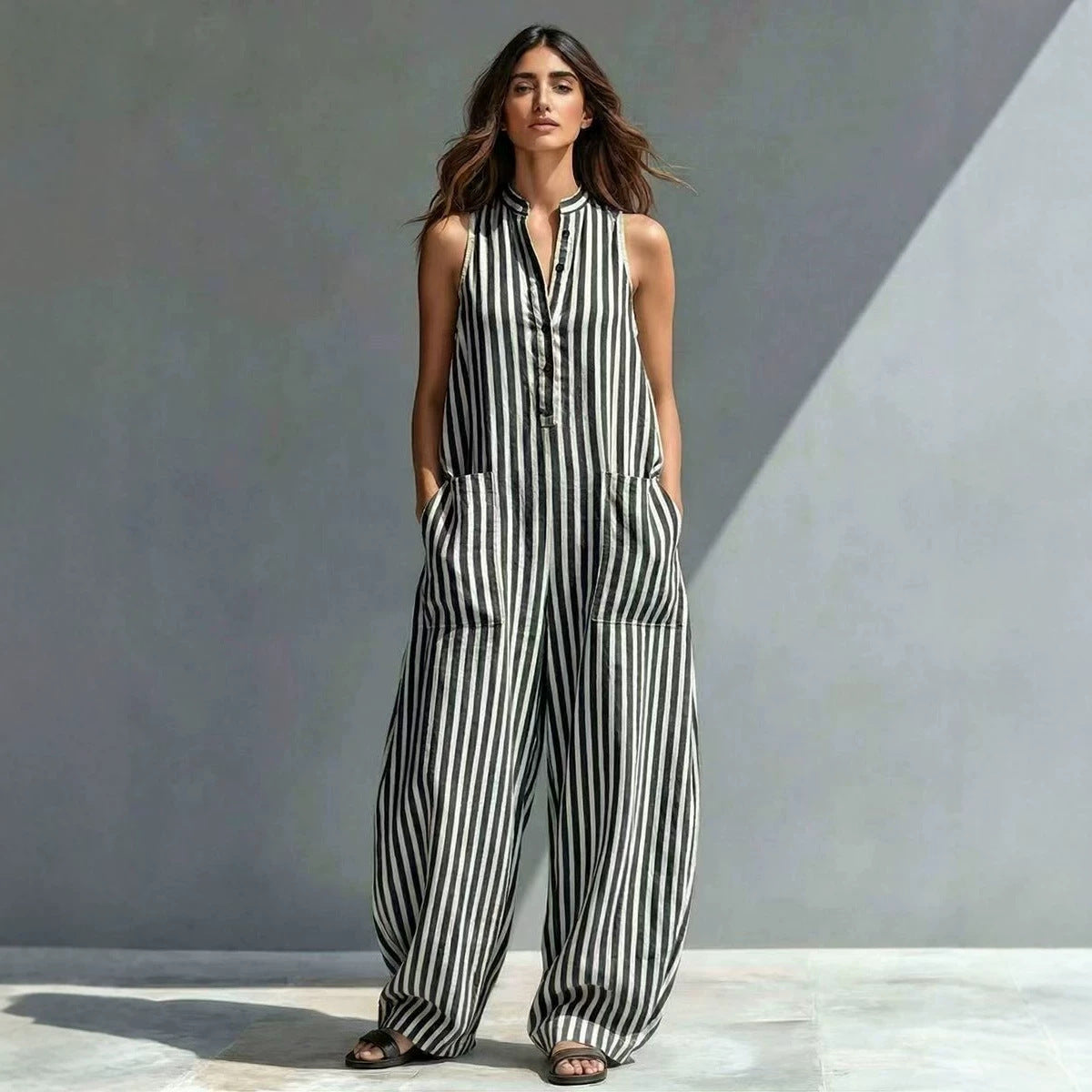V-Neck Sleeveless Striped Loose Cropped Jumpsuit | 3 Colors S–3XL FitiqueFit