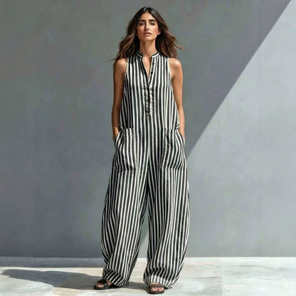 V-Neck Sleeveless Striped Loose Cropped Jumpsuit | 3 Colors S–3XL FitiqueFit