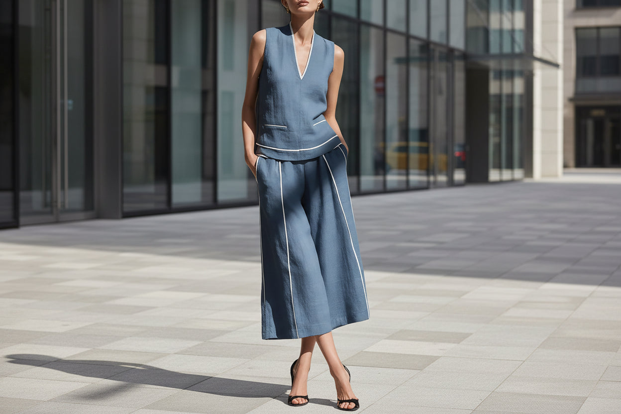 Women's Sleeveless Linen Shirt & Cropped Pants Set – Casual 2-Piece Outfit FitiqueFit