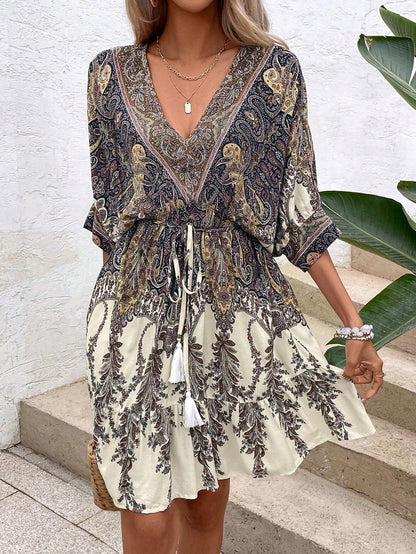 Paisley Print Batwing Sleeve Tassel Tie Front Ruffle Hem Dress FitiqueFit