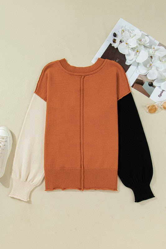 Colorblock Raw Edge Bubble Sleeve V-Neck Sweater Shop Style & More | Fresh Looks, Everyday Deals & Free Shipping