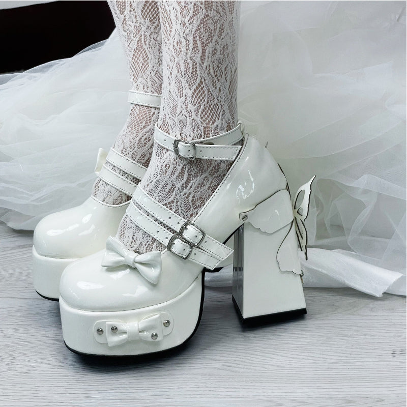 Rivet Bow Round Toe Bright Leather Platform Thick High Heels See size chart under “more details” The Fashion Celestial
