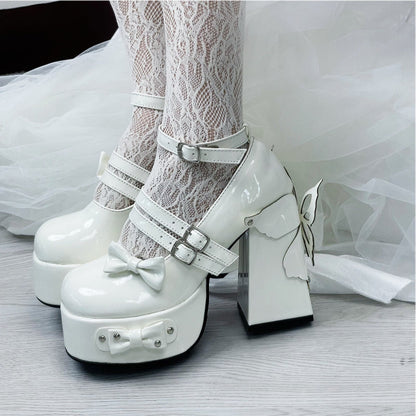Rivet Bow Round Toe Bright Leather Platform Thick High Heels See size chart under “more details” The Fashion Celestial