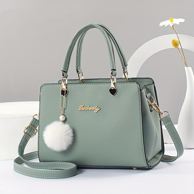 Solid Color Faux Leather Shoulder Bag - Detachable Strap, Zip Closure, Multi-Layer Crossbody Design, Polyester Lining, Fade-Resistant, Pom-Pom Pendant - The Perfect Holiday Gift for Valentine'S Day, Mother'S Day NovaCart