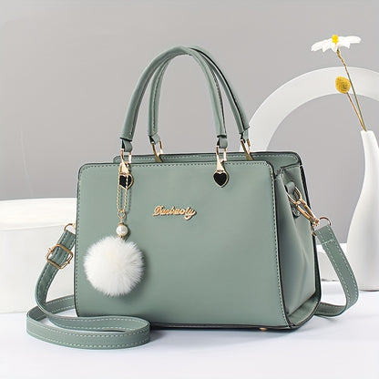Solid Color Faux Leather Shoulder Bag - Detachable Strap, Zip Closure, Multi-Layer Crossbody Design, Polyester Lining, Fade-Resistant, Pom-Pom Pendant - The Perfect Holiday Gift for Valentine'S Day, Mother'S Day NovaCart