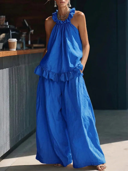 Halterneck Loose Two-Piece Set | Pleated Asymmetric Pocket Set FitiqueFit