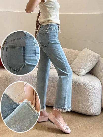 Light Blue Micro-Flare Lace Stretch Jeans for Women FitiqueFit