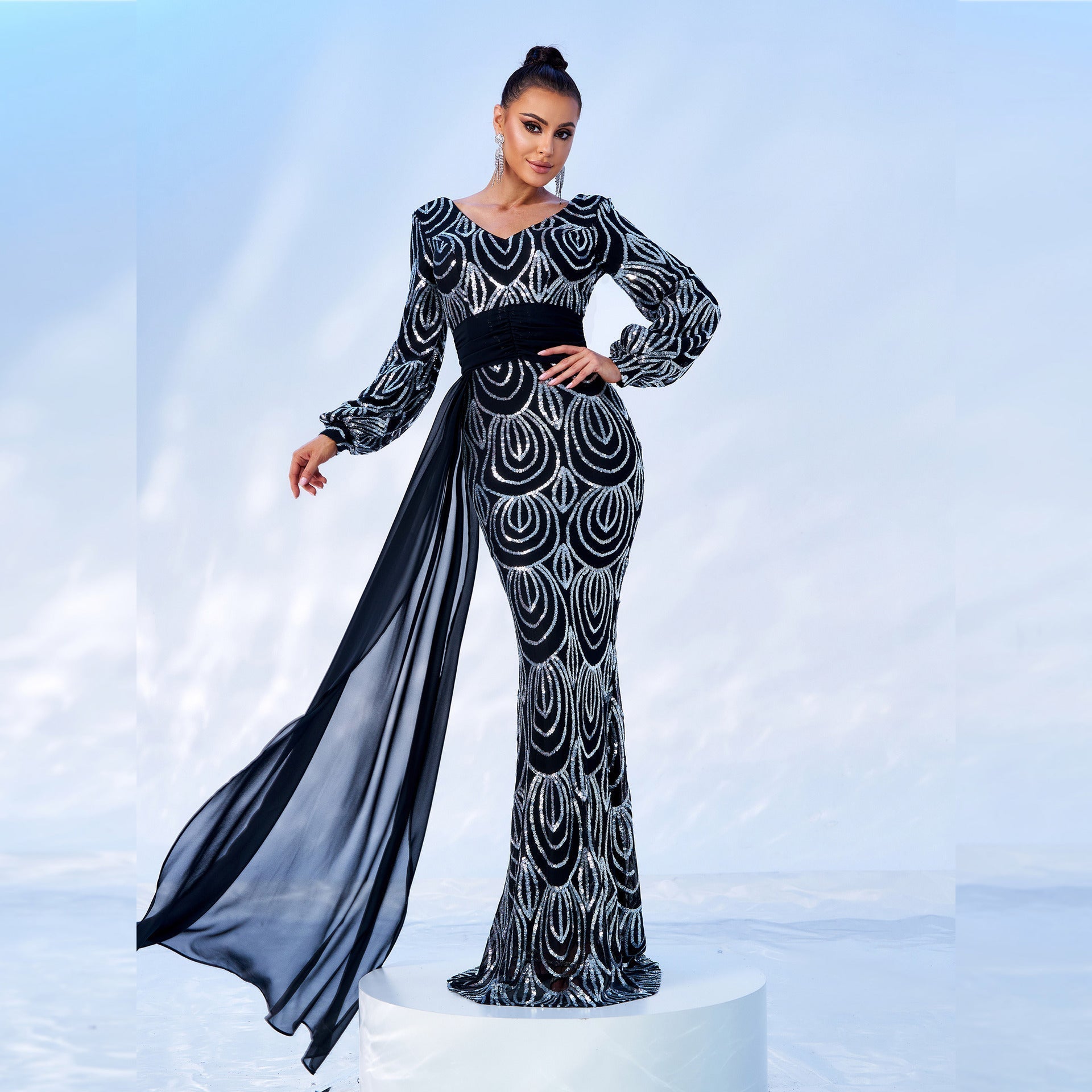 Long Sleeve Sexy Long Sequined V-neck Banquet Ribbon Evening Dress Grayceful LLC