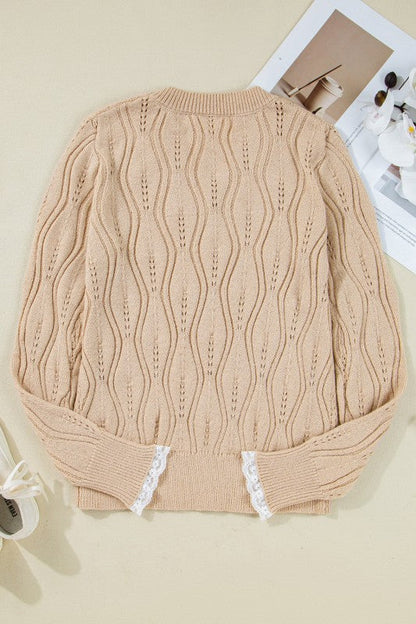 Pearl Beaded Pointelle Knit V-Neck Lace Trim Sweat Shop Style & More | Fresh Looks, Everyday Deals & Free Shipping