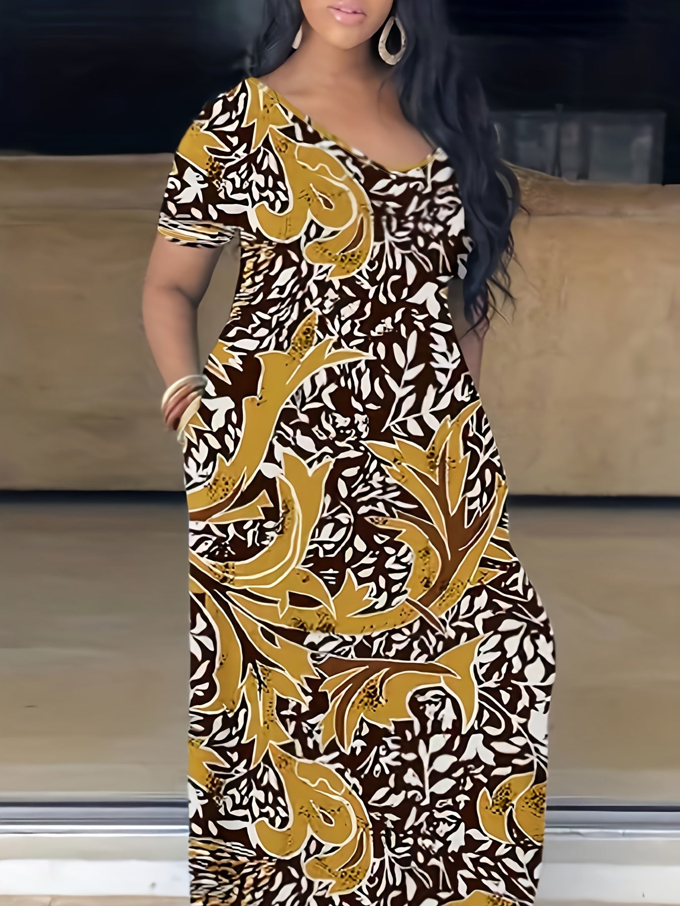 Plus Size Maxi Dress with Pocket, Women's Plus Tie Dye Print Short Sleeve Elegant Medium Stretch Long Dress NovaCart