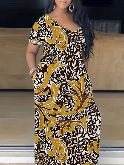 Plus Size Maxi Dress with Pocket, Women's Plus Tie Dye Print Short Sleeve Elegant Medium Stretch Long Dress NovaCart