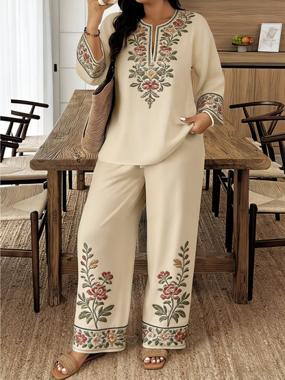 Women’s Ethnic Two Piece Set with Long Sleeve Shirt and Cropped Pants FitiqueFit