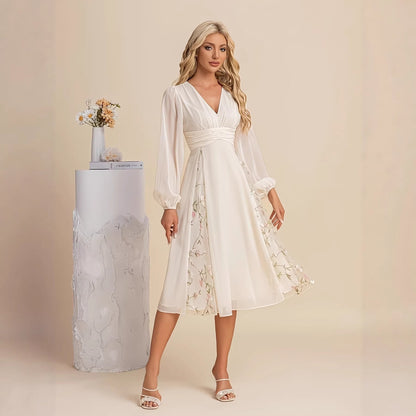 Floral Long Sleeve V-Neck Pleated Midi Dress – High Waist Flared Hem FitiqueFit