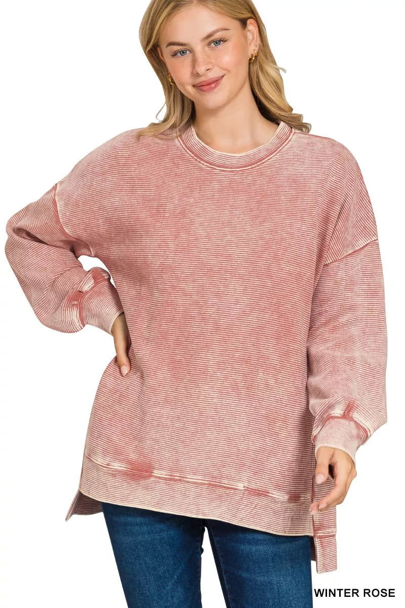 Zenana Full Size Acid Washed Double Ribbed Hi-low Sweatshirt Plus Size West2East Surf