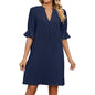 European American Summer New Solid Color And V-neck Loose Pleated Half-length Sleeve Dress Grayceful LLC