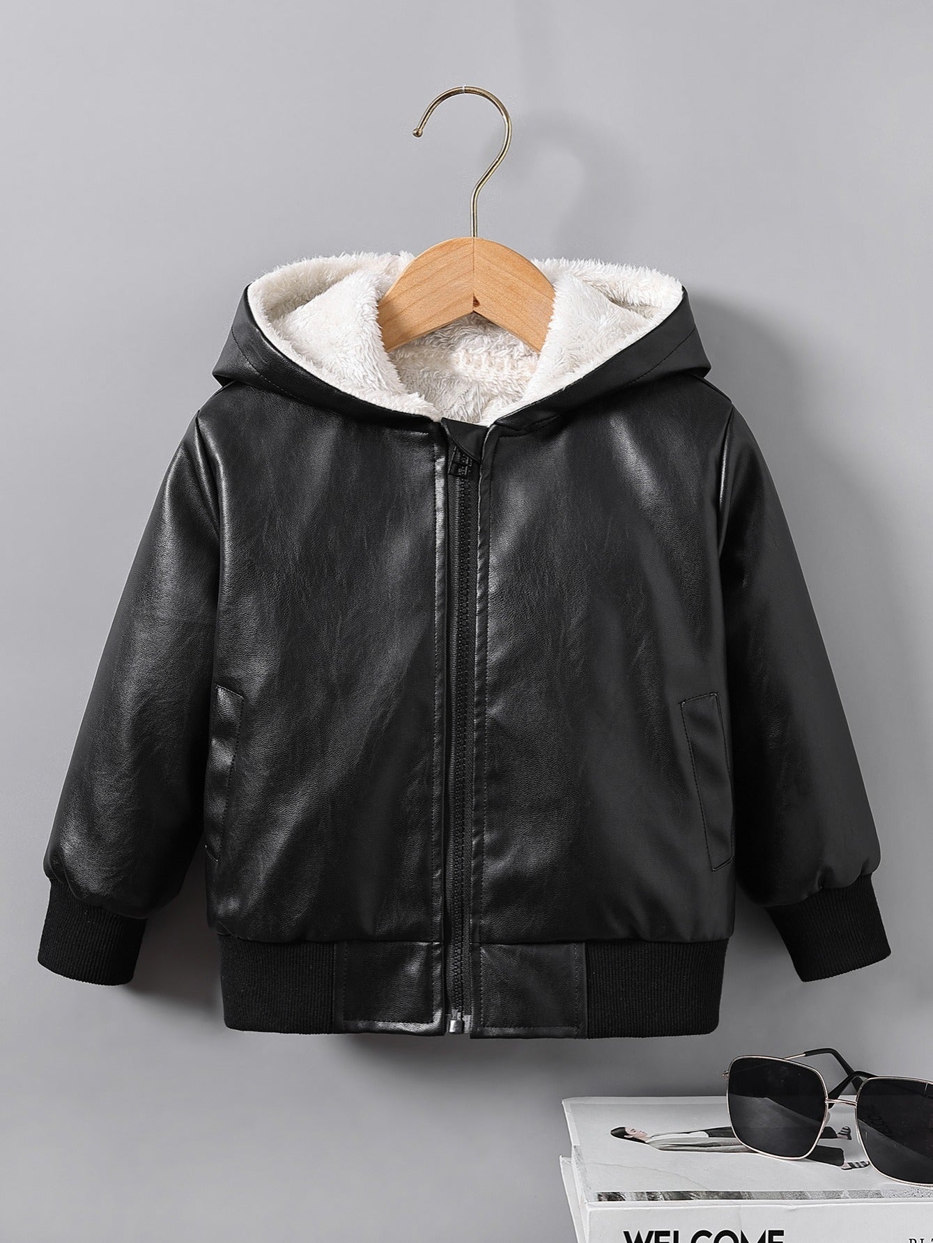 Boys' Faux Leather Jacket with Fleece Lining - Thickened Winter Coat, Full-Zip Front Closure, Machine Washable, Casual Style for Fall/Winter, Regular Fit NovaCart