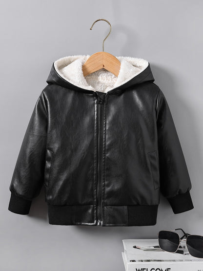 Boys' Faux Leather Jacket with Fleece Lining - Thickened Winter Coat, Full-Zip Front Closure, Machine Washable, Casual Style for Fall/Winter, Regular Fit NovaCart