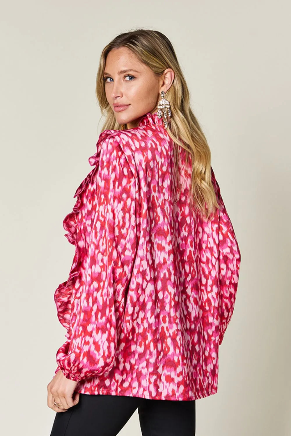 Double Take Full Size Printed Ruffle Trim Balloon Sleeve Shirt New Era Fashion LLc
