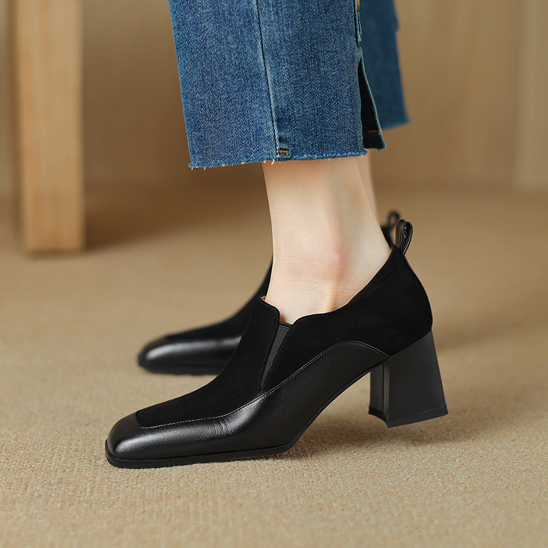 Women's Retro Cowhide Square Toe Chunky Heel Slip-On Pumps FitiqueFit
