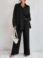 Women's Pleated Long Sleeve Lapel Two-Piece Set – Loose Top & Pants FitiqueFit