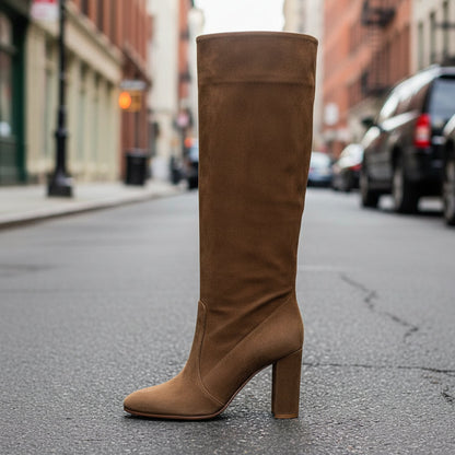 Women’s Suede High Heel Boots | Pleated Thick Heel Pointed Toe FitiqueFit