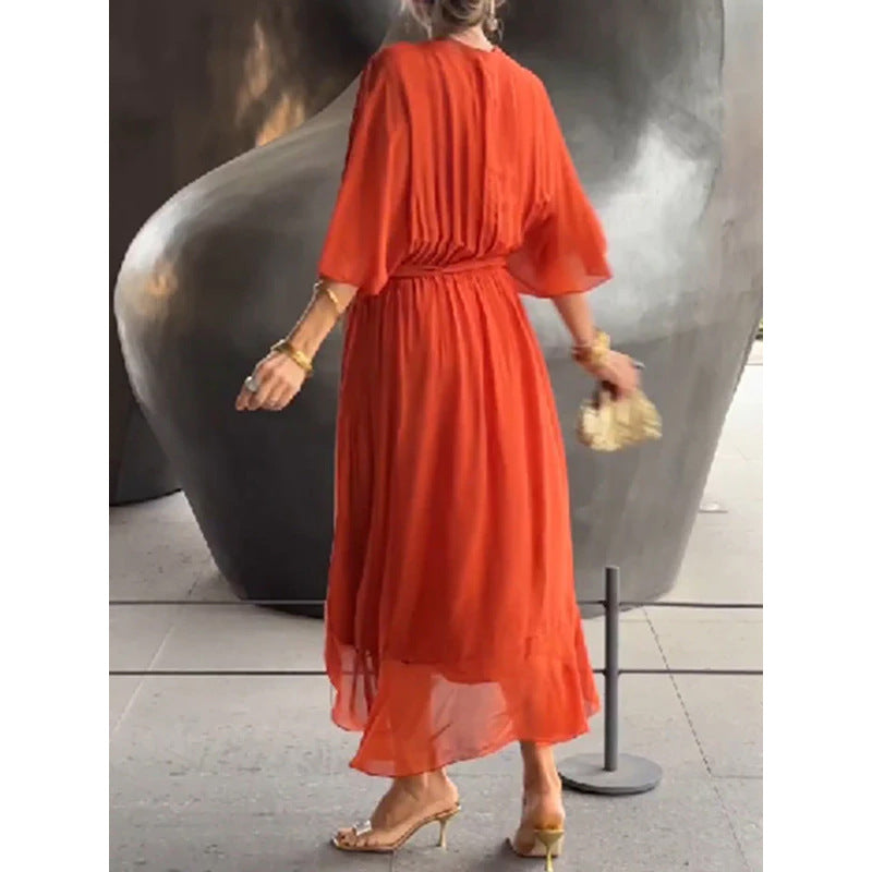 Batwing Sleeve V-Neck Midi Dress – Tied Irregular Hem Fairy Dress FitiqueFit