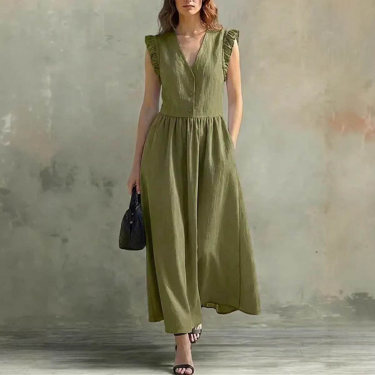 V-Neck Puff-Sleeve Dress with Pockets – Cotton Linen, 7 Colors FitiqueFit